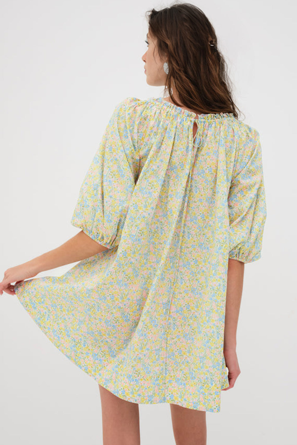 Green Floral Print Tie Neck Puff Sleeve Mini Dress
