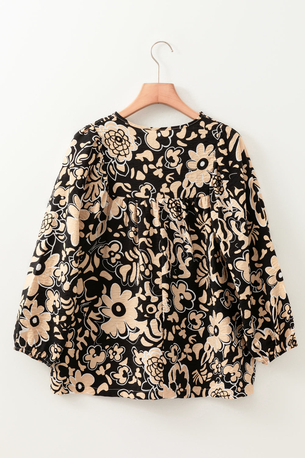 Black Boho Floral Smocked V Neck Bracelet Sleeve Blouse