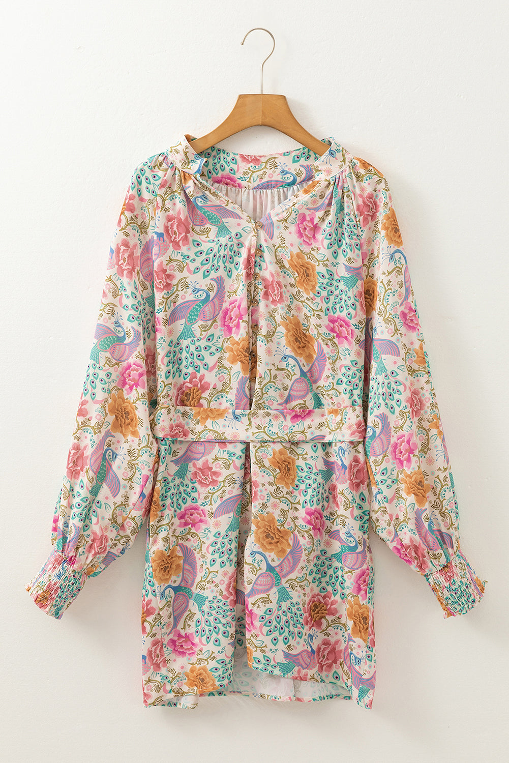 Multicolour Boho Long Sleeve V-Neck Knot Mini Dress