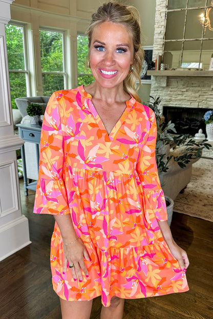 Orange Abstract Print V Neck Ruffle Bell Sleeve Mini Tiered Dress