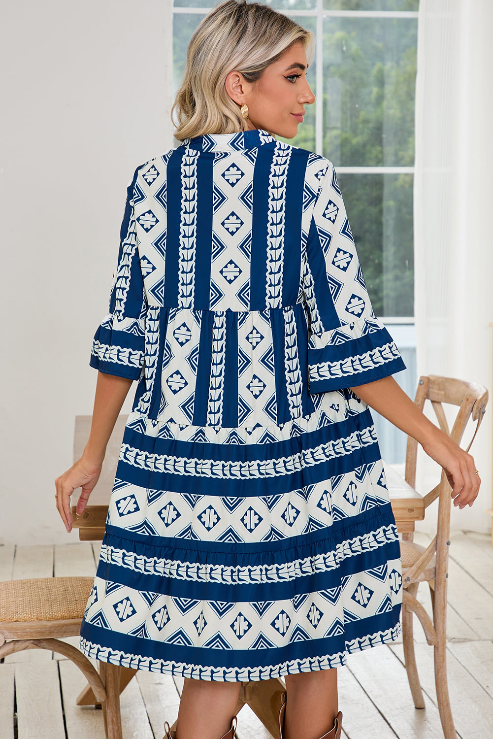 Blue Abstract Print Bell Sleeve V Neck Boho Tiered Dress