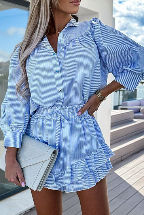 Sky Blue Striped Puff Sleeve Blouse and Ruffle Mini Skirt Set