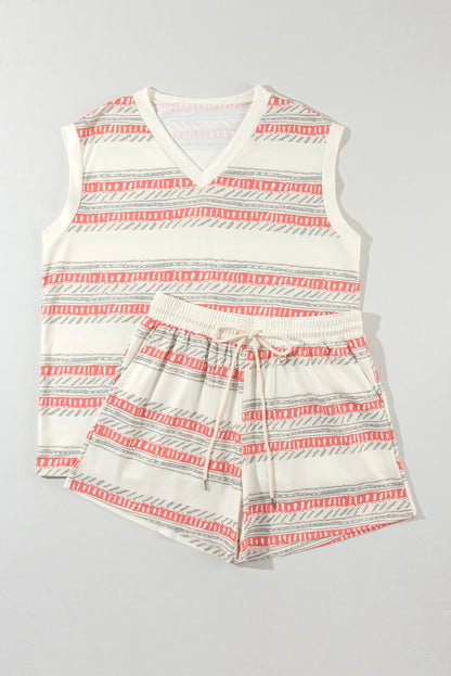 Beige Striped Print Dolman Top & Drawstring Shorts Set