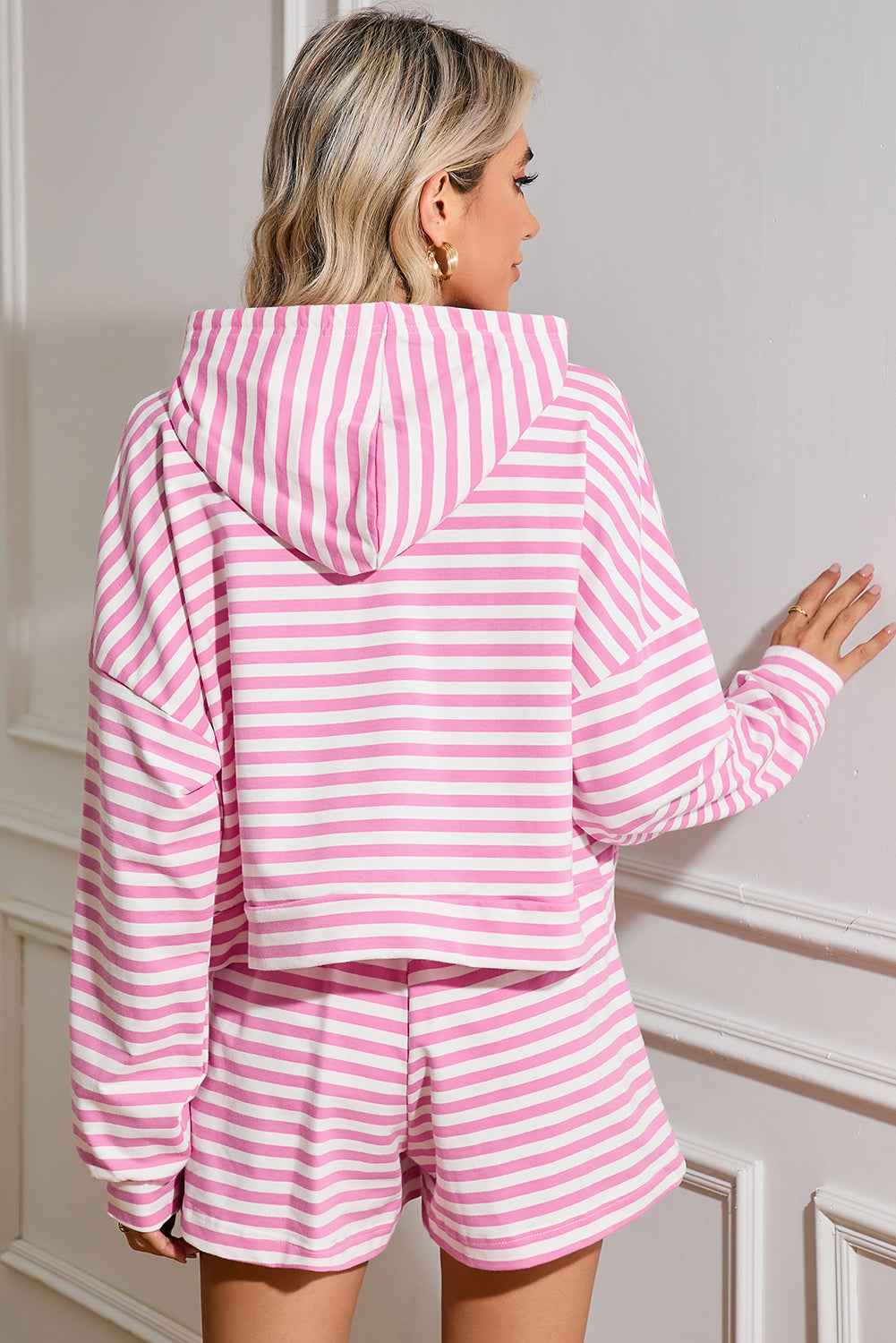 Pink Stripe Kangaroo Pocket Hoodie and Shorts Set