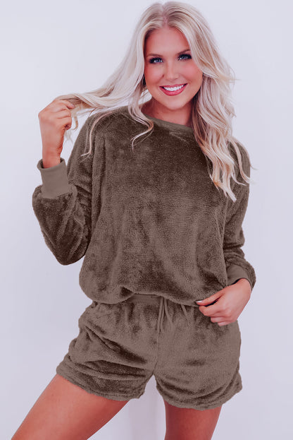 Coffee Solid Loose Fit High Waist Fleece Loungewear Set