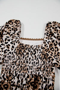 Brown Leopard Print Puff Sleeve Ricrac Maxi Dress