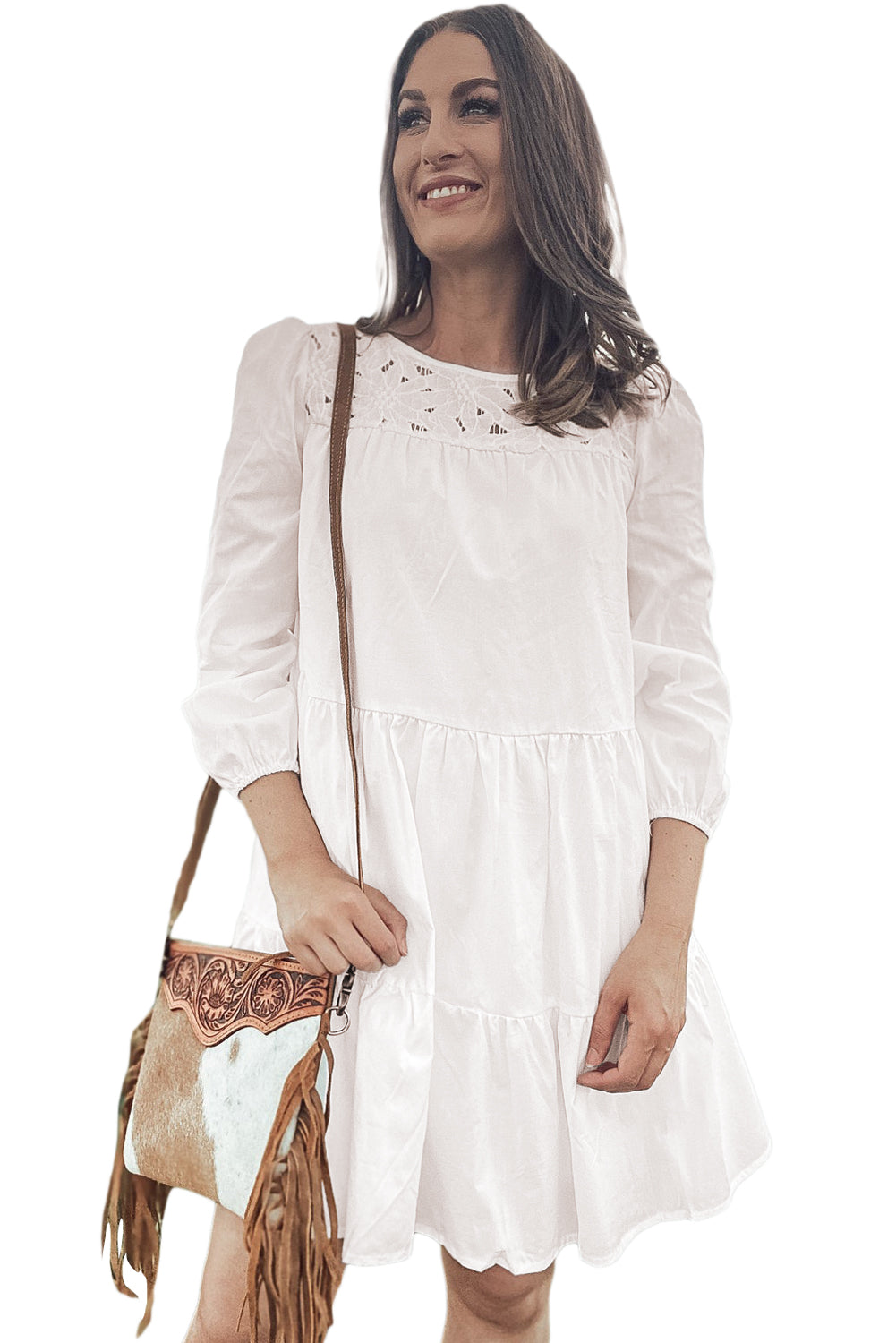 White Floral Lace Yoke Bracelet Sleeve Tiered Mini Dress