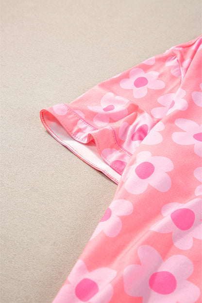 Pink Flower Print Buttoned Shirt and Drawstring Waist Pajama Set