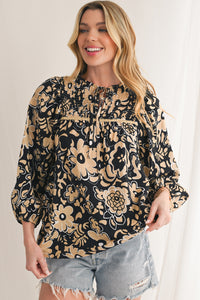 Black Boho Floral Smocked V Neck Bracelet Sleeve Blouse