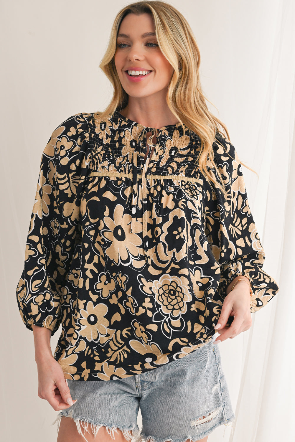 Black Boho Floral Smocked V Neck Bracelet Sleeve Blouse