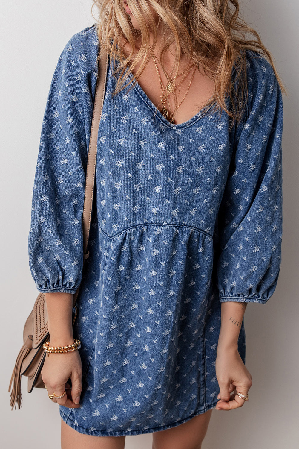 Ashleigh Blue Lace-up Back Loose Fit V Neck Denim Dress