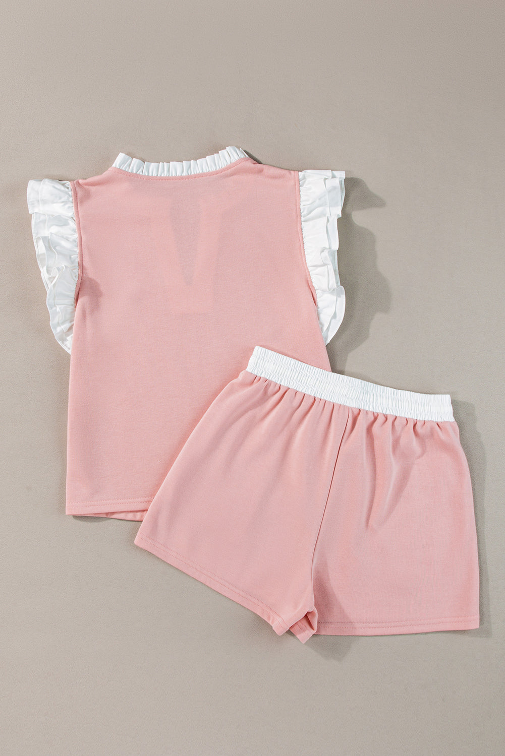 Light Pink Contrast Trim Ruffled Top & Drawstring Shorts Set