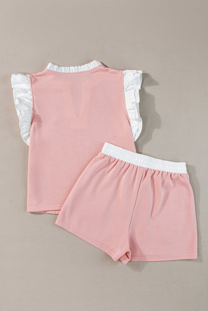 Light Pink Contrast Trim Ruffled Top & Drawstring Shorts Set