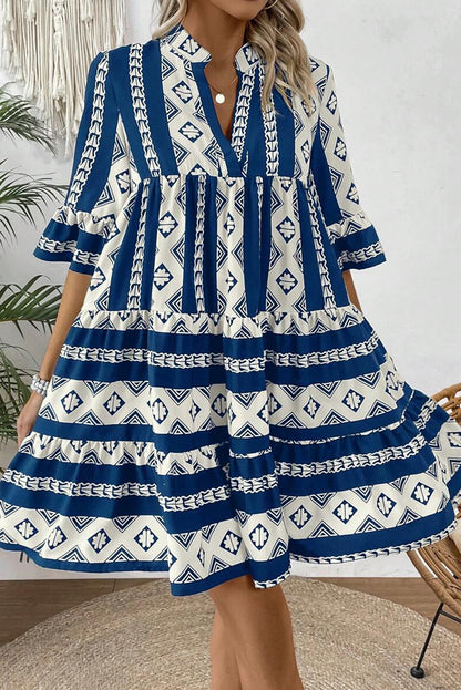 Blue Abstract Print Bell Sleeve V Neck Boho Tiered Dress