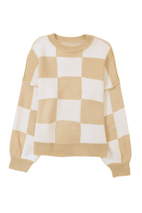 Khaki Plaid Bishop Sleeve Pullover Sweater