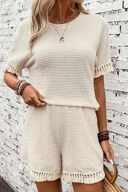 Beige Fringe Trim Waffle Knit Textured Shorts Set