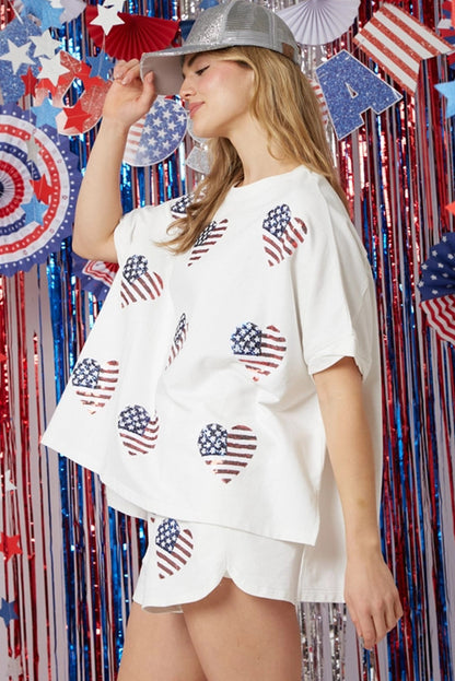 White American Flag Sequin Graphic Loose Top and Shorts Set