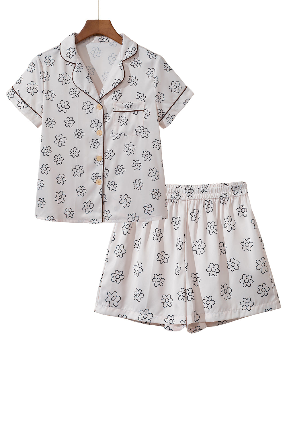 Beige Floral Print Shirt and Shorts Pajama Set