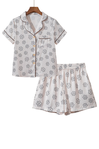 Beige Floral Print Shirt and Shorts Pajama Set