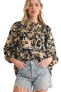 Black Boho Floral Smocked V Neck Bracelet Sleeve Blouse