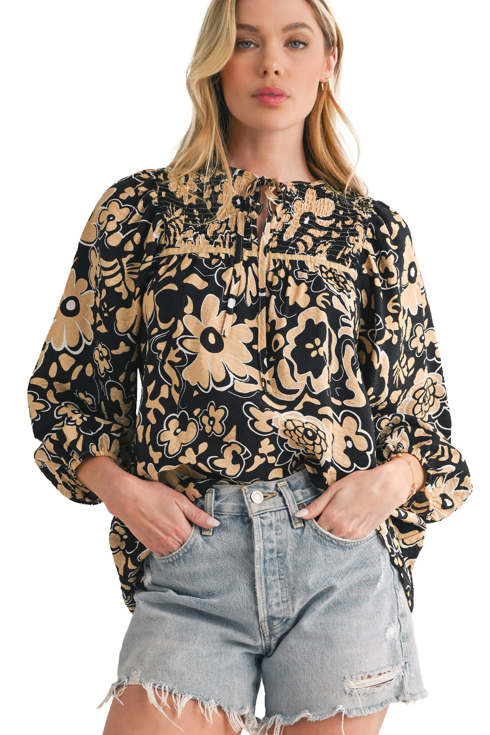 Black Boho Floral Smocked V Neck Bracelet Sleeve Blouse