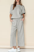 Navy Blue Textured Loose Fit T Shirt and Drawstring Pants Set