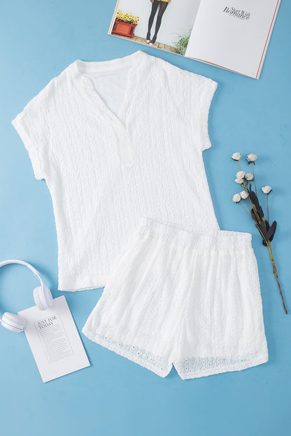 White Eyelets V-neck Blouse and Pockets Shorts Set