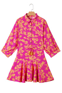 Pink Floral Print Drawstring Flowy Short Dress