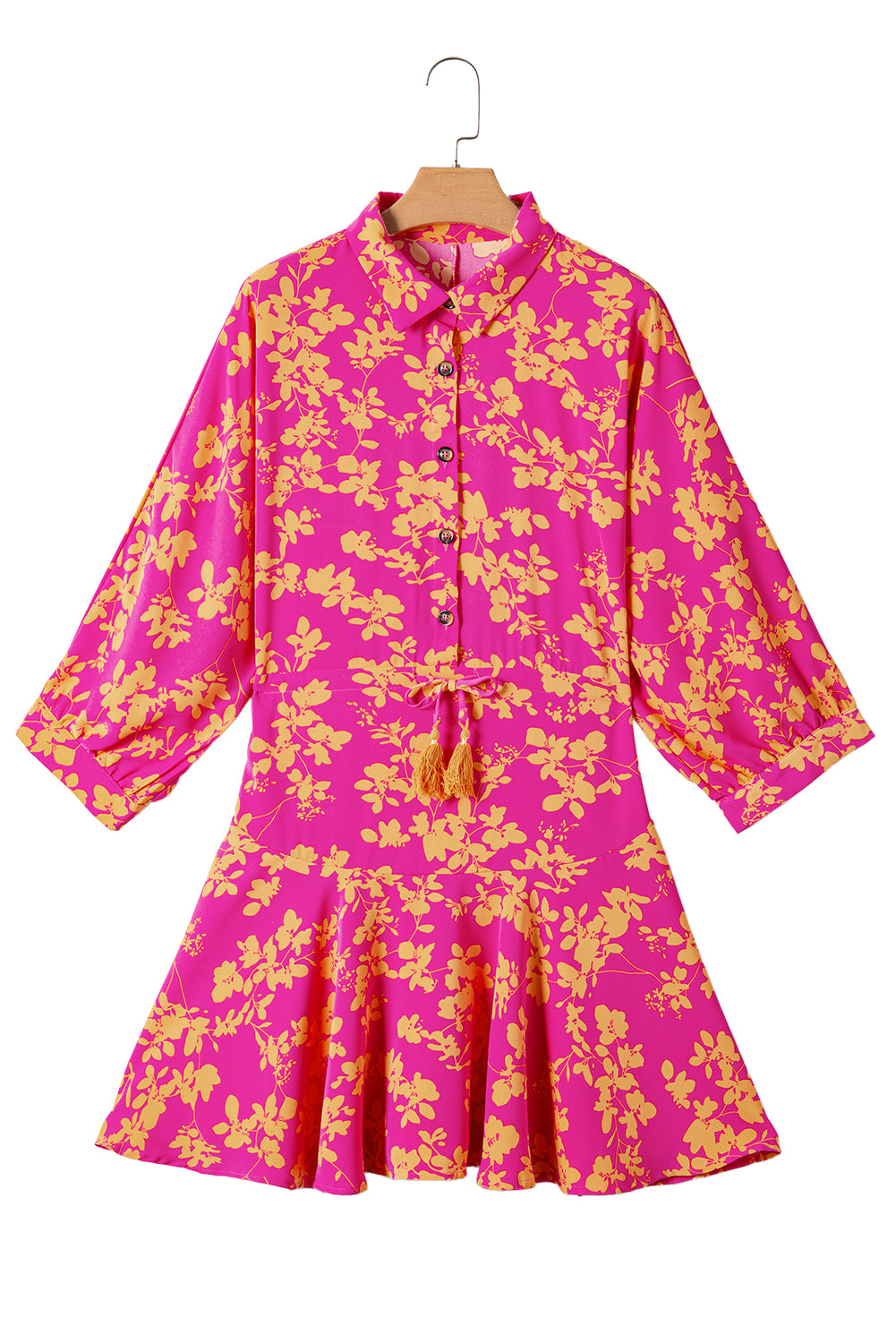 Pink Floral Print Drawstring Flowy Short Dress