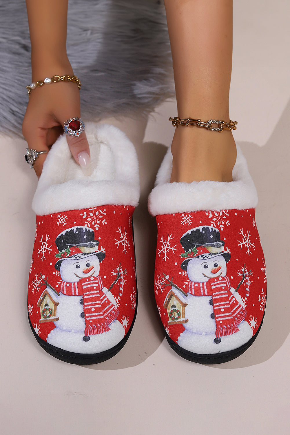 Fiery Red Cute Christmas Snowman Print Fluffy Slippers