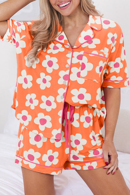 Pink Flower Print Buttoned Shirt and Drawstring Waist Pajama Set