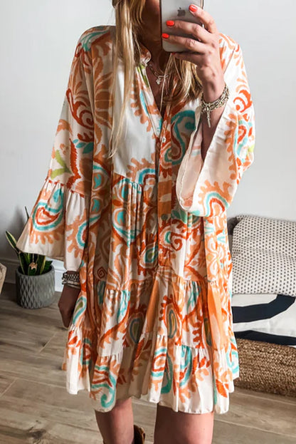 Green Ethnic Print Boho Tiered Mini Flowy Dress