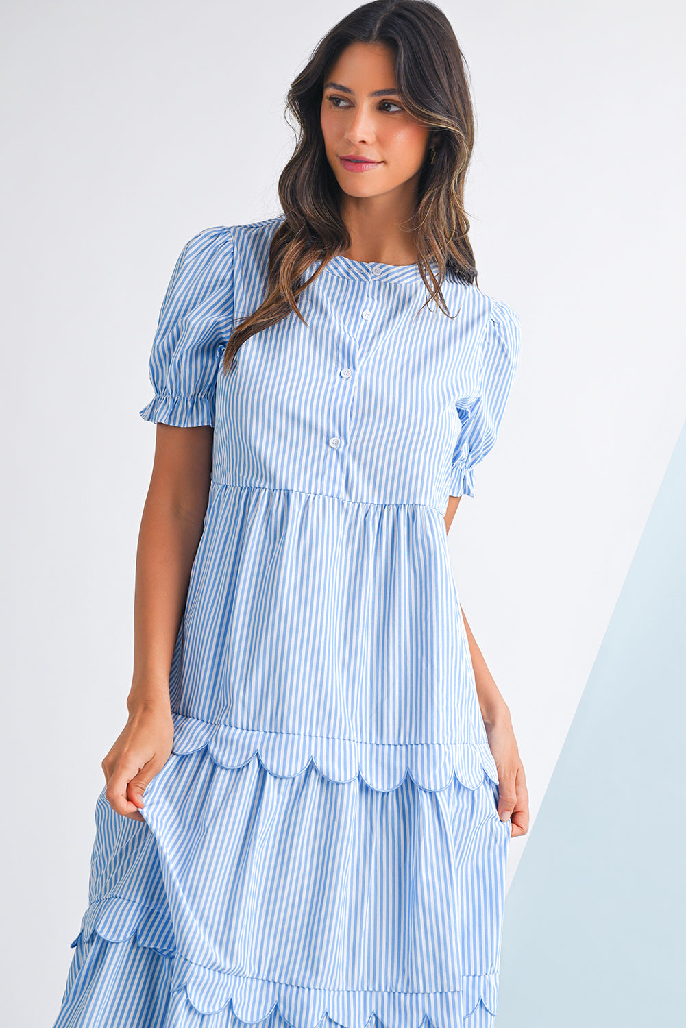Sky Blue Stripe Bubble Sleeve Scallop Tiered Dress