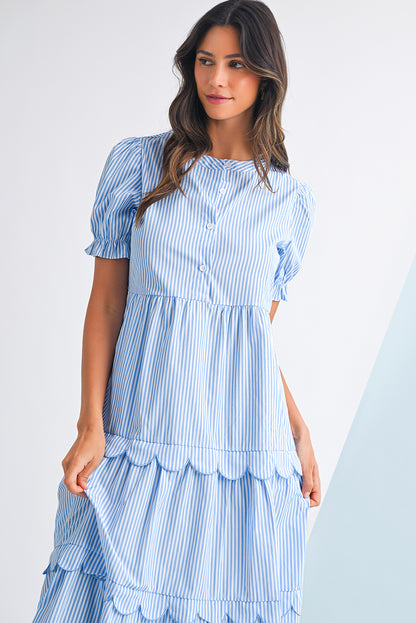 Sky Blue Stripe Bubble Sleeve Scallop Tiered Dress