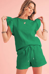 Bright Green Textured Ruffle Sleeve Tee & Drawstring Shorts Set