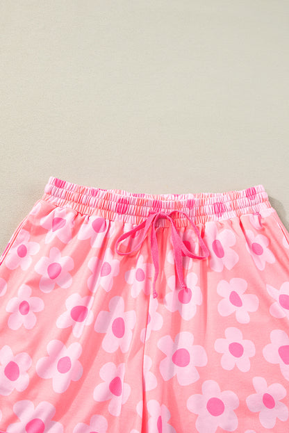 Pink Flower Print Buttoned Shirt and Drawstring Waist Pajama Set