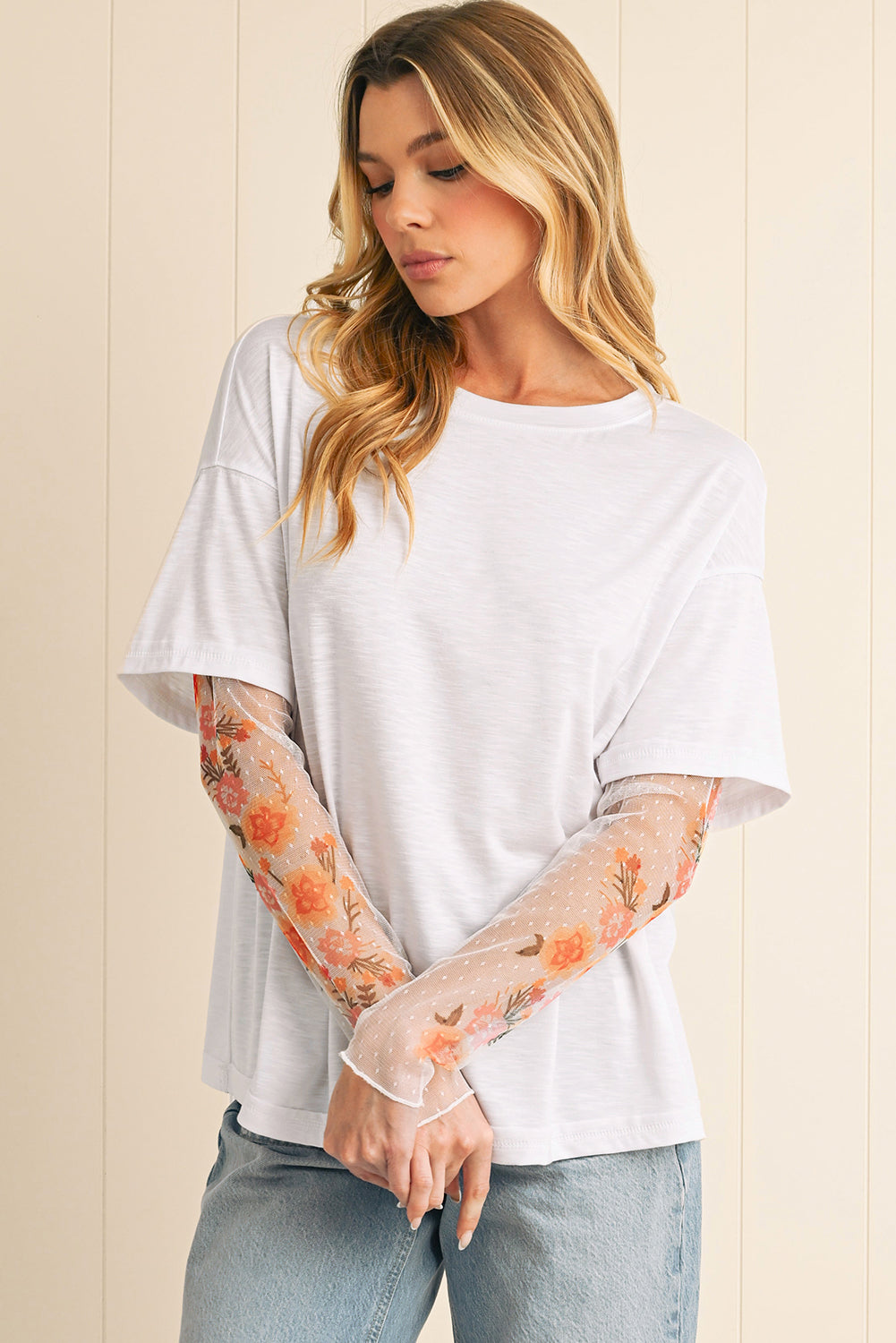 White Floral Mesh Patchwork Sleeve Fake Two-Piece Top