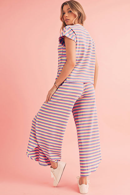 Pink Stripe Rainbow Tee and Tassel Drawstring Wide Leg Pants Set