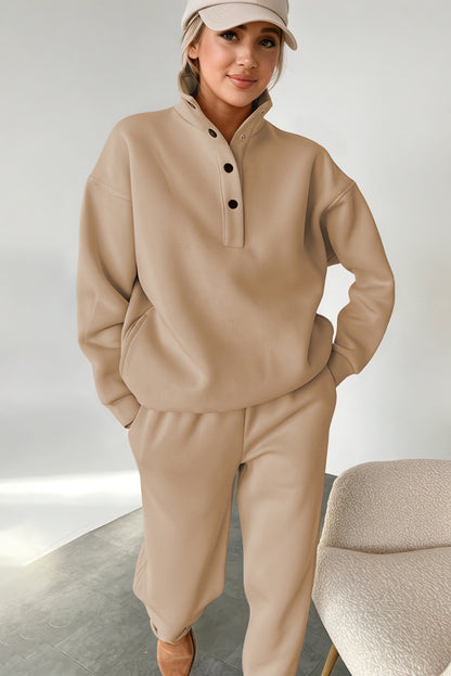 Parchment Solid Half Button Sweatshirt and High Waist Pants Set