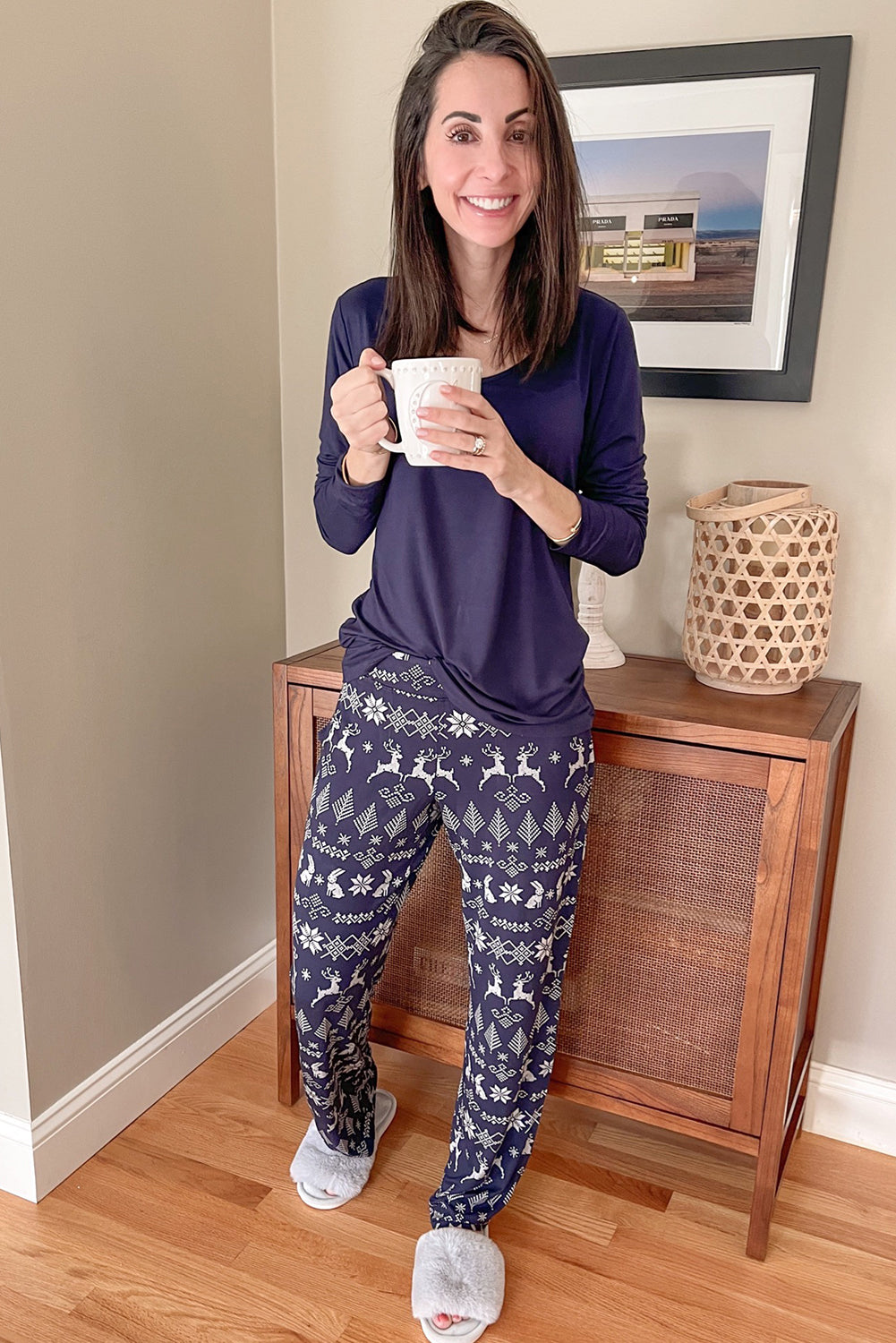 Red Solid Top and Christmas Print Pants Pajama Set