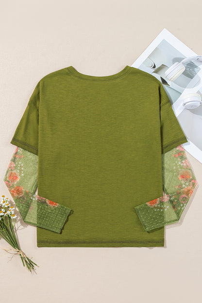 White Floral Mesh Patchwork Sleeve Fake Two-Piece Top