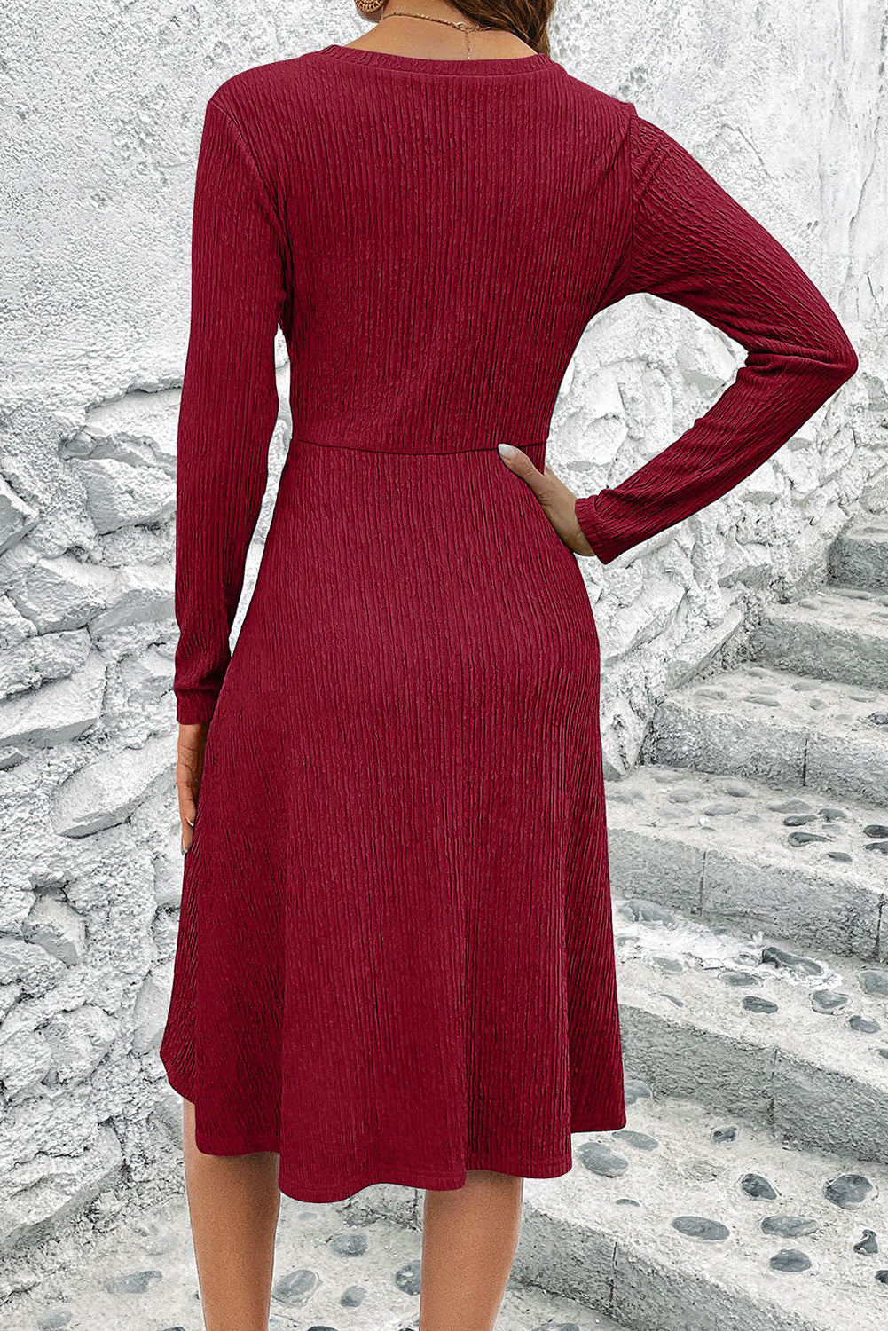 Burgundy Cross Wrap Long Sleeve Textured Dress