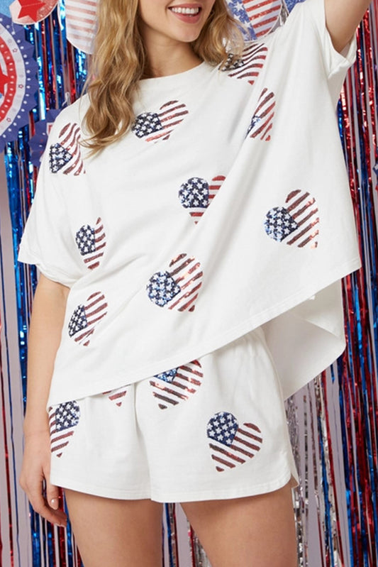 White American Flag Sequin Graphic Loose Top and Shorts Set