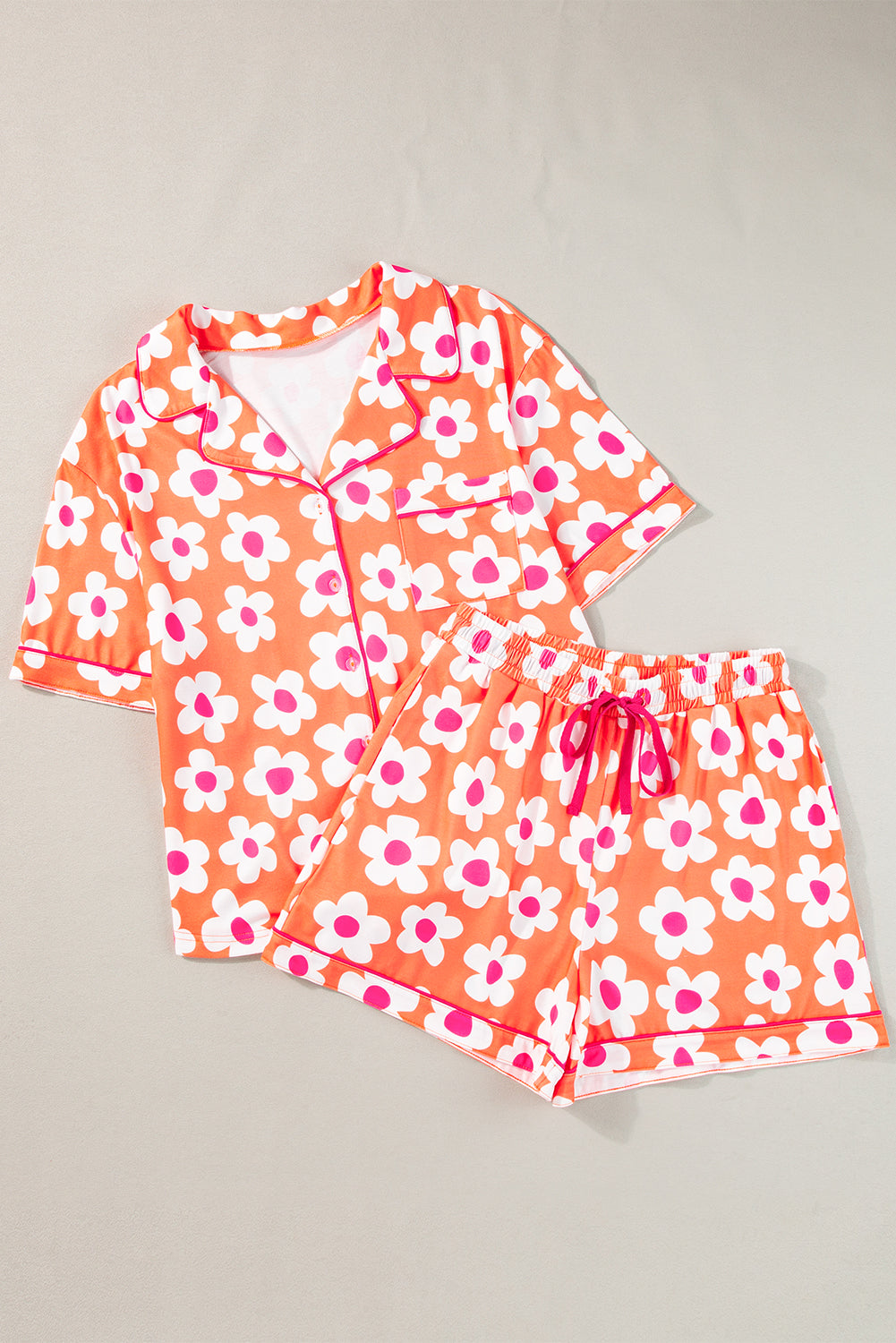 Pink Flower Print Buttoned Shirt and Drawstring Waist Pajama Set