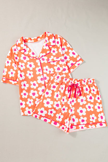 Pink Flower Print Buttoned Shirt and Drawstring Waist Pajama Set