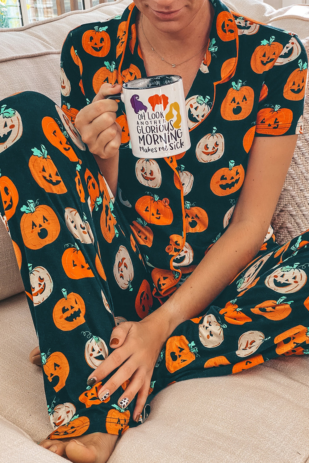 Black Halloween Ghost Short Sleeve Shirt Pajama Set