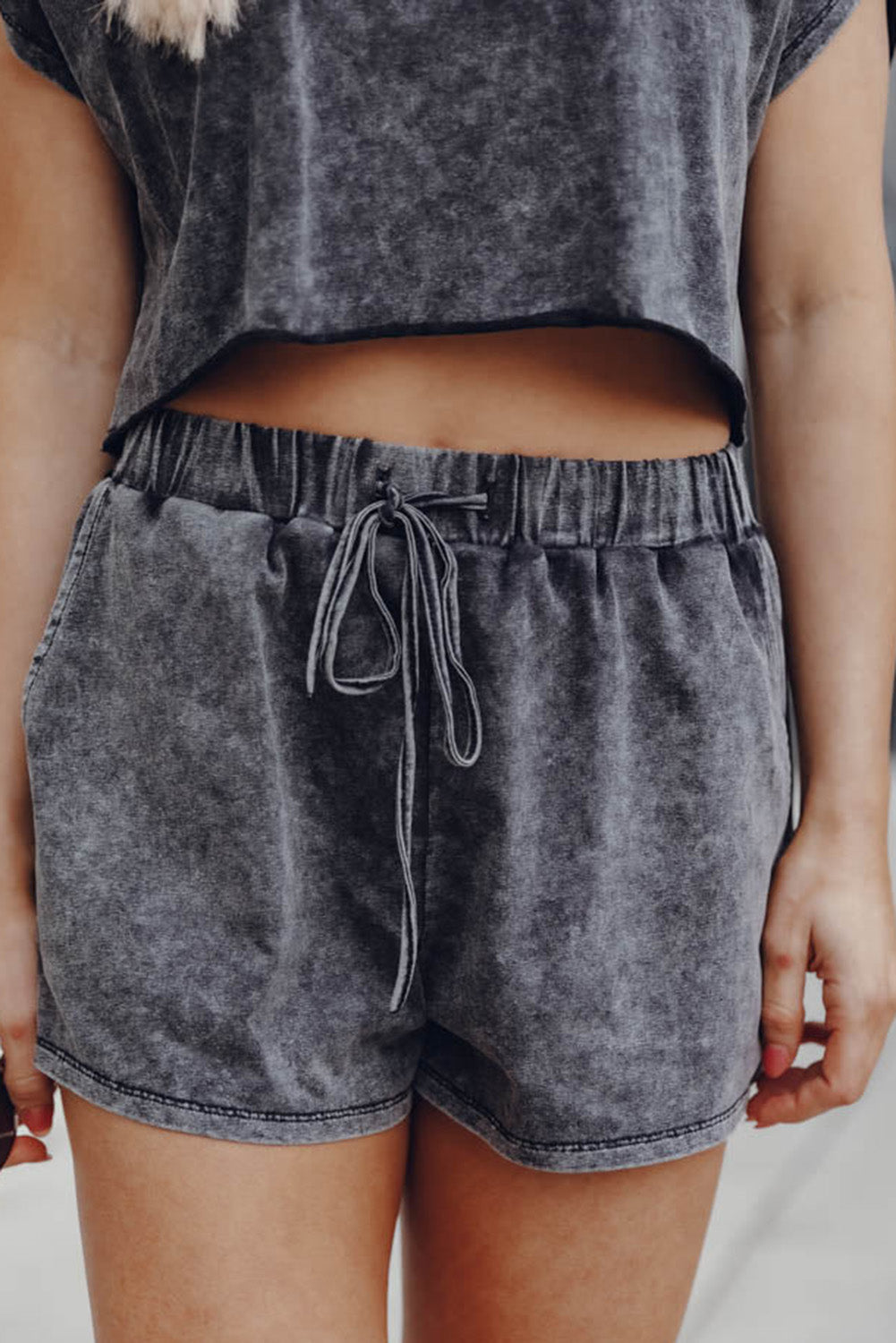 Black Acid Washed T Shirt & Drawstring Shorts Loungewear Set