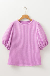 White Solid Textured O Neck Puff Sleeve Blouse