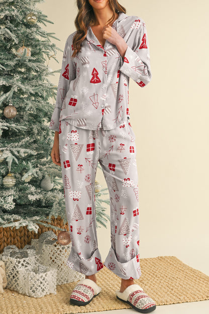 Light Grey Christmas Deer Printed Shirt and Pants Pajama Set