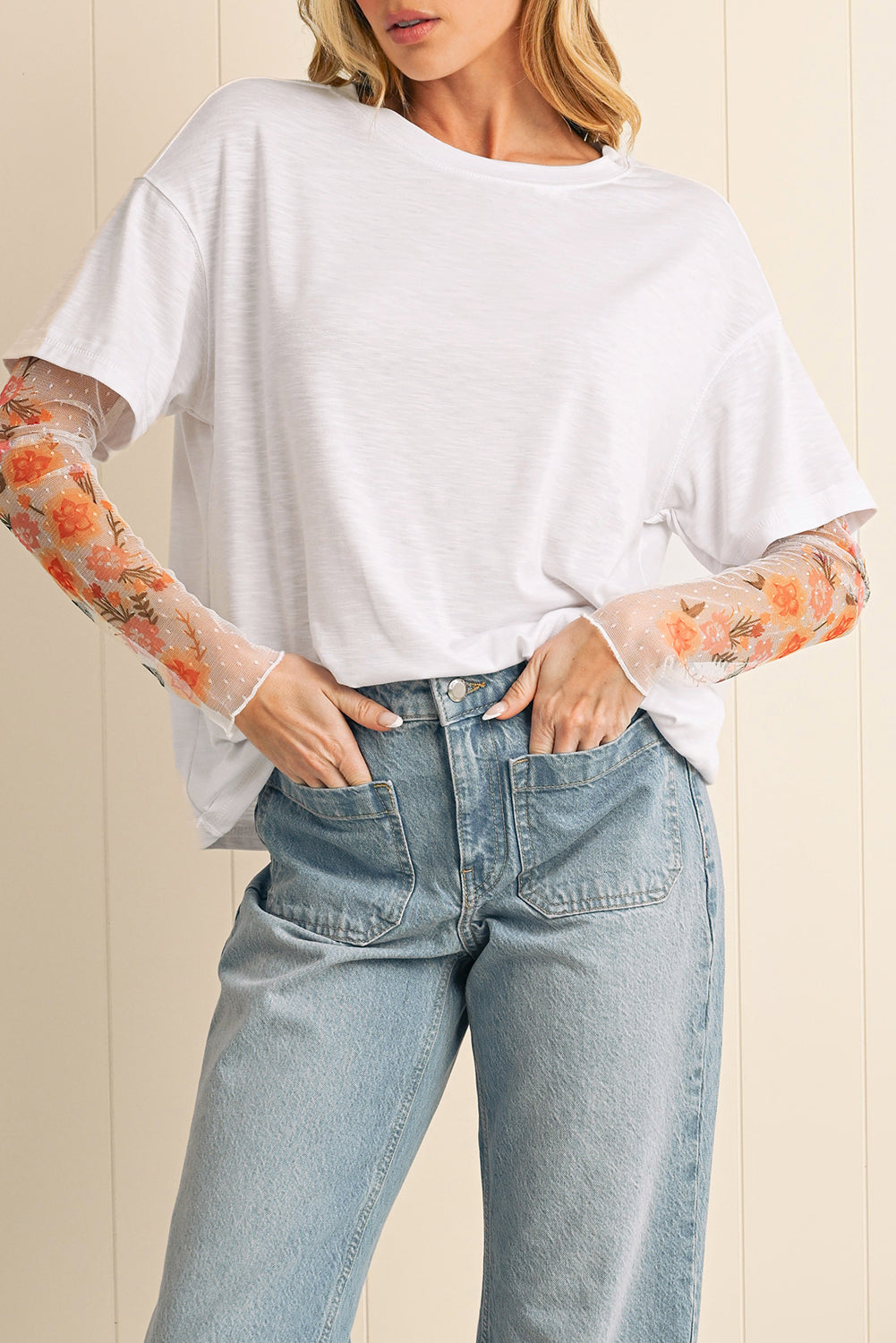 White Floral Mesh Patchwork Sleeve Fake Two-Piece Top
